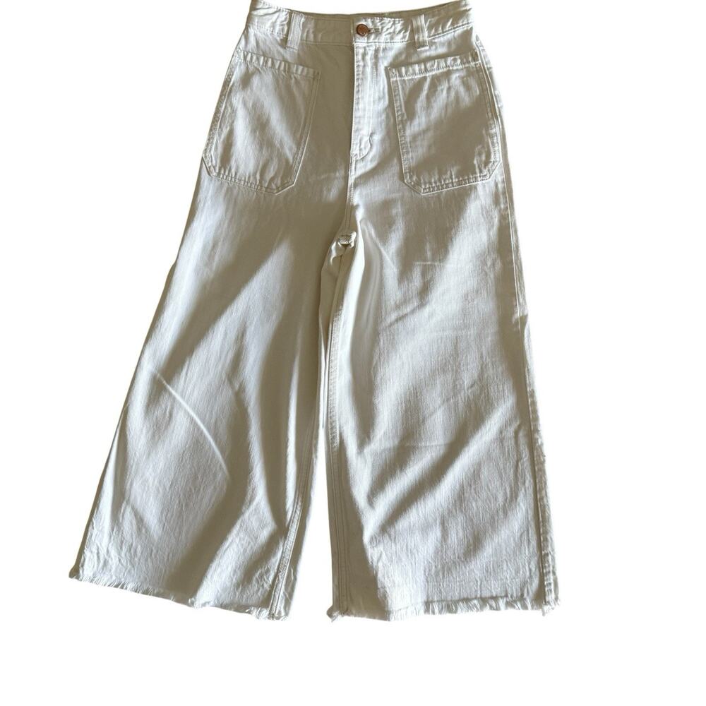 Free People Wide Leg High Waist Capris Pants Raw Hem Off White Cream Size 28 - Picture 1 of 10